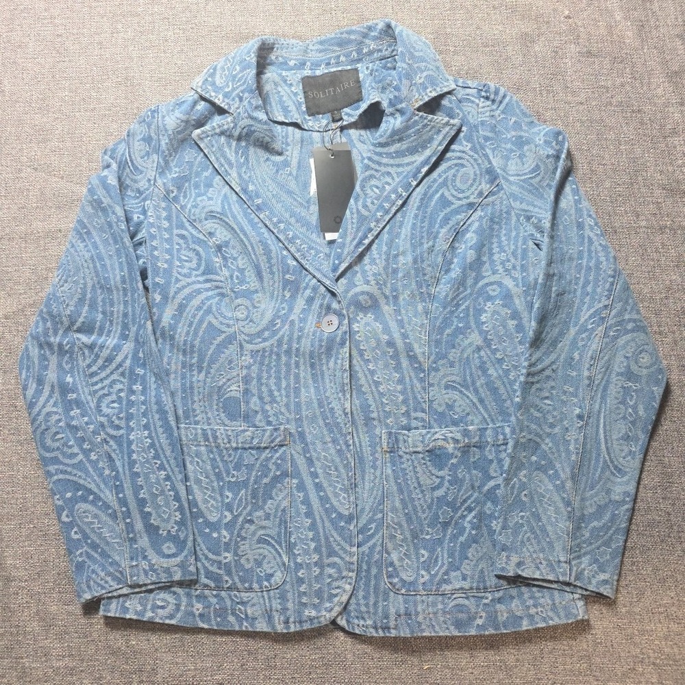 Solitaire Blazer Jacket Womens S Blue Denim Paisley Button Boho Denim New